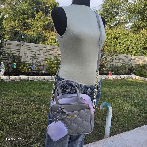 BETSEY JOHNSON QUILTED GREY n MULTI COLOR SQUARE LUV BETSEY SATCHEL w/POUCH - Picture 4 of 6